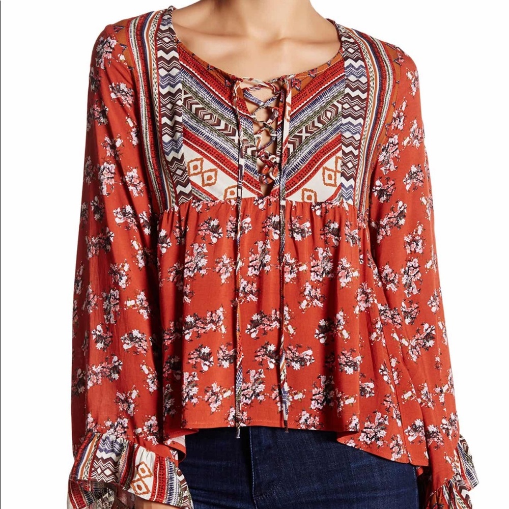 Flying Tomato Bell Sleeve Lace-Up Blouse